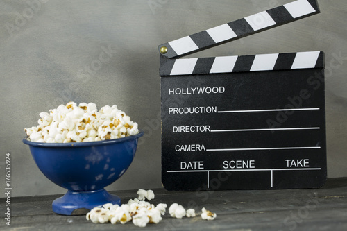 Movie Clapper Board and Popcorn photo