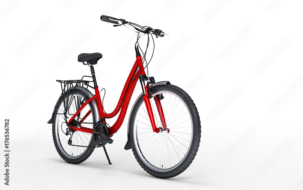 3d illustration. Women's red bike looks to the right isolated on white background. Sport concept