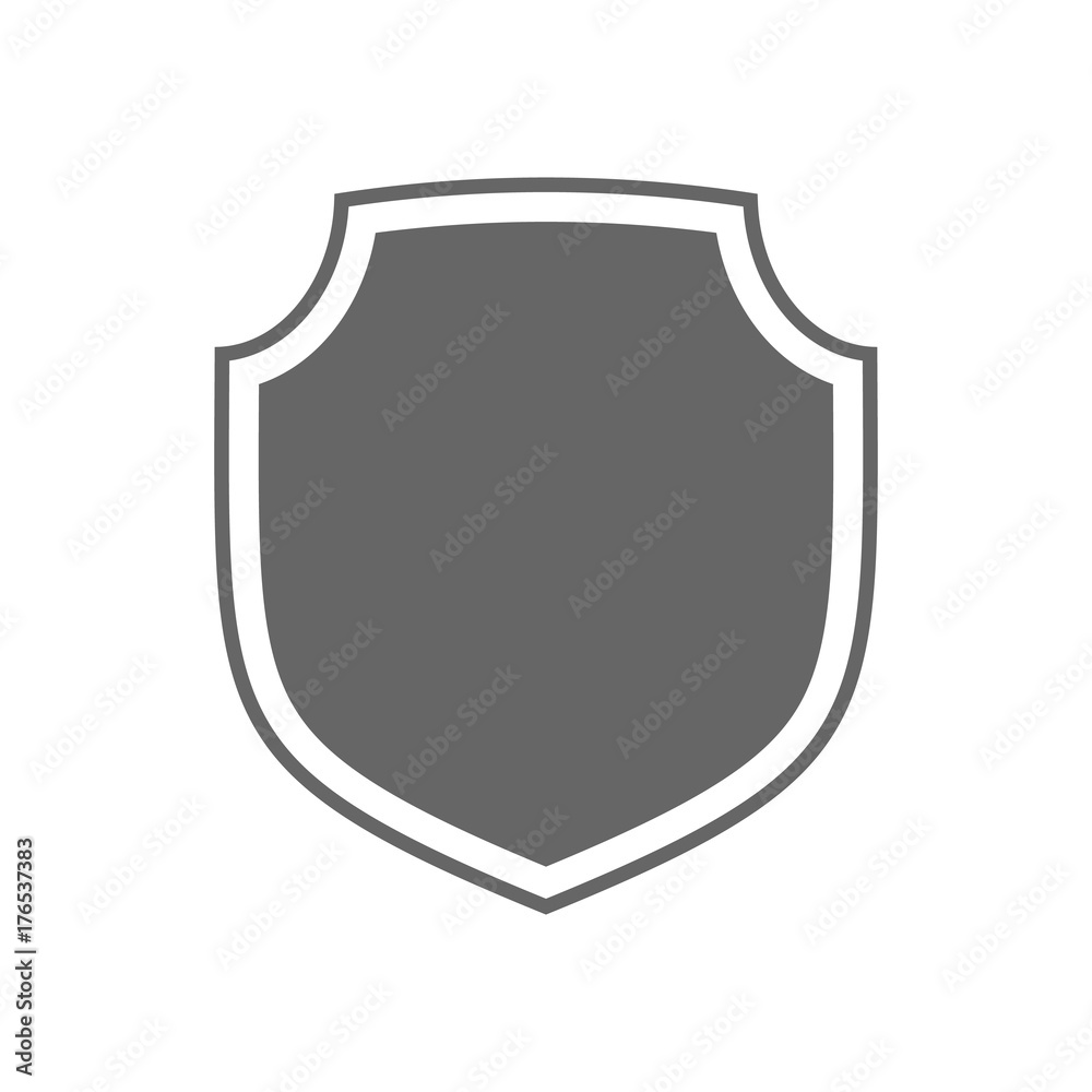 Shield shape icon. Gray label sign, isolated on white. Symbol of protection, arms, coat honor, security, safety. Flat retro style design. Element vintage heraldic emblem. Vector illustration
