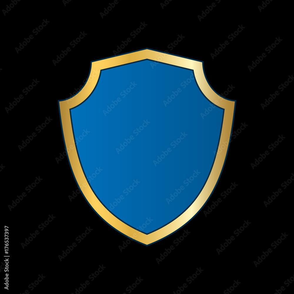 Gold-blue shield shape icon. Bright logo emblem metallic sign isolated on black background. Empty shape shield. Symbol of security, protection, defense. Shiny element design Vector illustration Gold-blue shield shape icon. Bright logo emblem metallic sign isolated on black background. Empty shape shield. Symbol of security, protection, defense. Shiny element design Vector illustration