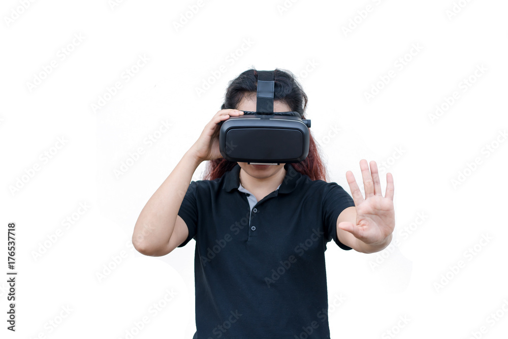 young casual woman using Virtual reality headset isolated on white