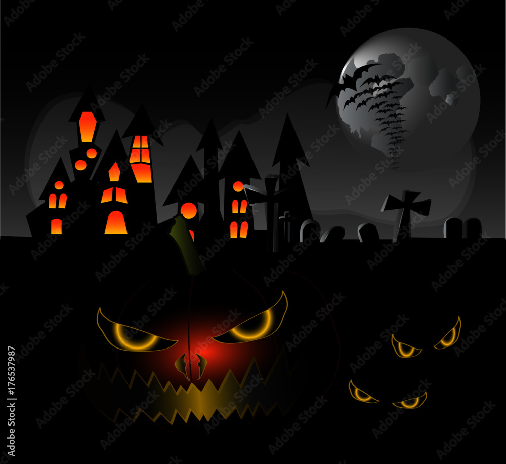 Fondo con calabazas, cementerio y murciélagos en Halloween para  invitaciones y camisetas Stock Vector | Adobe Stock
