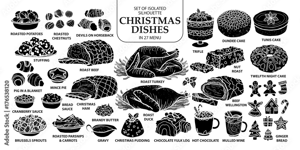 Set of isolated silhouette traditional Christmas dishes in 27 menu. Cute hand drawn vector illustration in white outline and black plane.