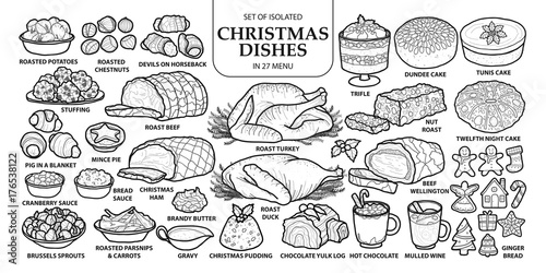 Set of isolated traditional Christmas dishes in 27 menu. Cute hand drawn vector illustration in dark gray outline and white plane.