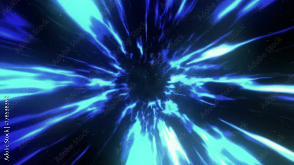 Seamless loop animation with wormhole interstellar travel through a blue force field with galaxies and stars, for a space-time continuum background