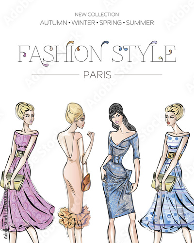Fashion advertising brochure with set of beautiful women models, Paris business card, beauty girls hand drawn vector illustration