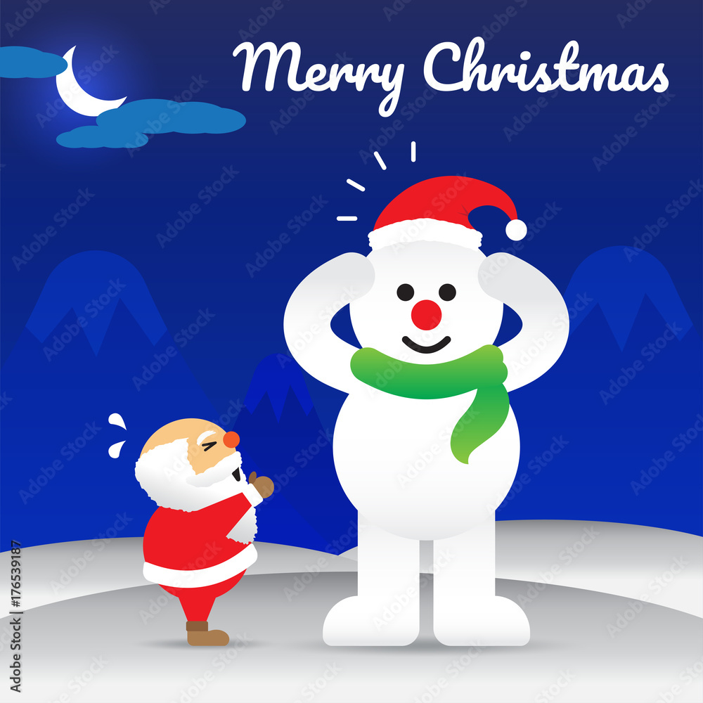 Merry Christmas - Snowman Wearing Hat Of Santa Claus Merry Christmas - Snowman Wearing Hat Of Santa Claus