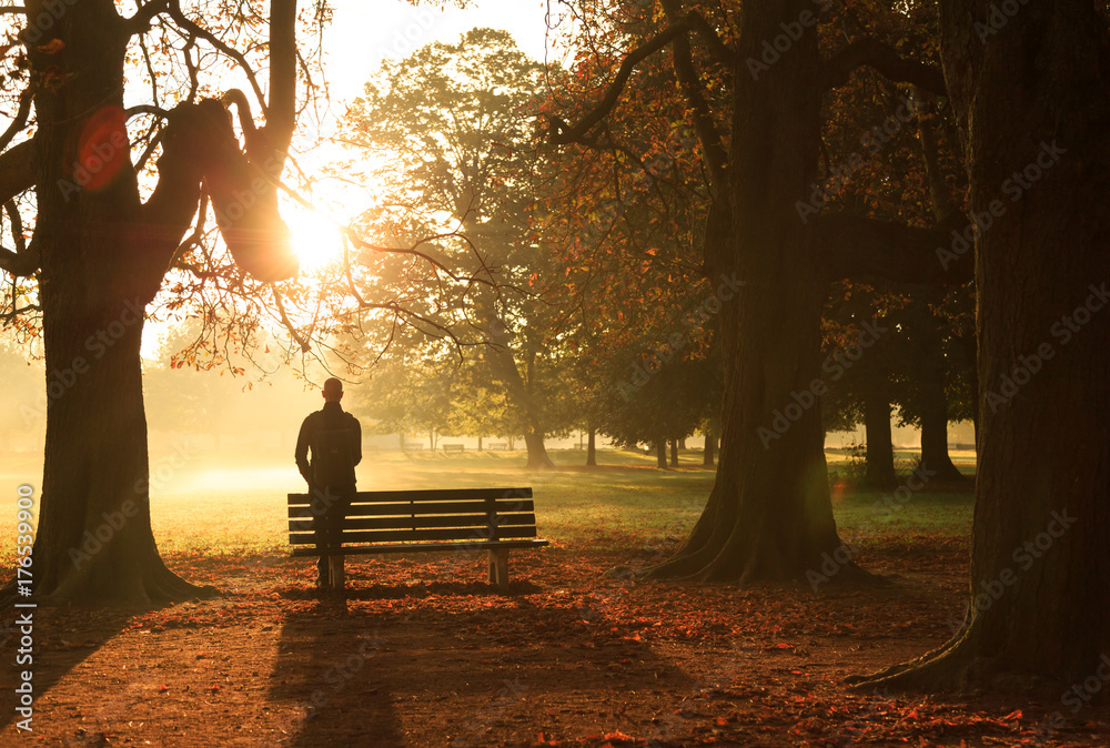 Man leaning against a bench, enjoying a foggy, autumn morning in a park.