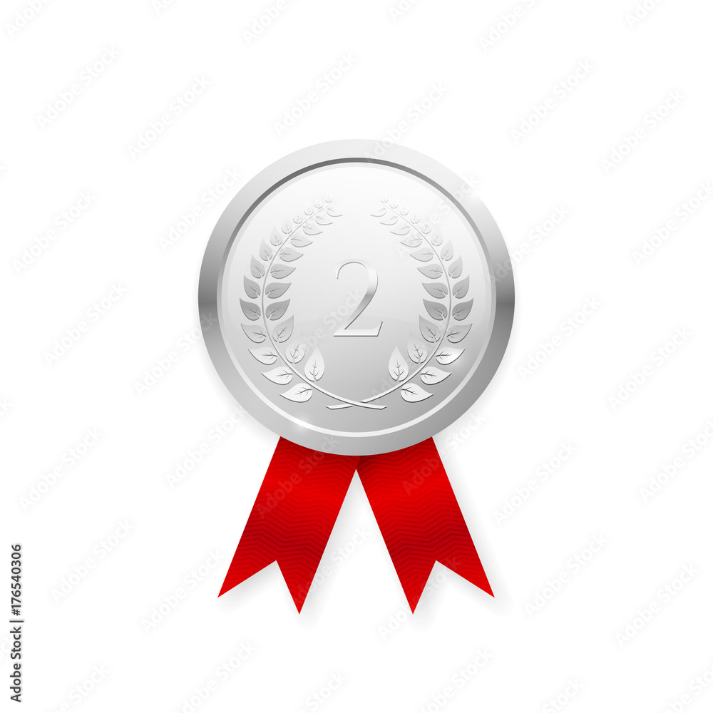 Realistic shiny silver medal with red ribbon vector icon Realistic shiny silver medal with red ribbon vector icon