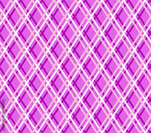 Purple geometric background, seamless, fine lines, diamonds, vector. White and pink thin lines intersect at a lavender field. Vector decor. 