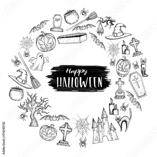 Set of Halloween icons for decoration. Scary Halloween sketch illustration. Vector