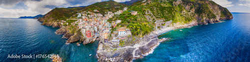Aerial panoramic view of Riomaggiore from the Sea, Five Lands - Liguria - Italy photo