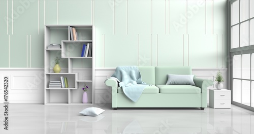 White-green room decorated with green sofa tree in glass vase  pillows  Wood bedside table  Bookcase  blue blanket  Window  green -white cement wall it is pattern  white cement floor. 3d rendering.