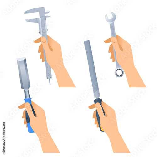 Human hands hold small tools: spanner, rasp, caliper, chisel. Flat illustration of male hands with construction and renovation home maintenance instrument. Vector design element set isolated on white.