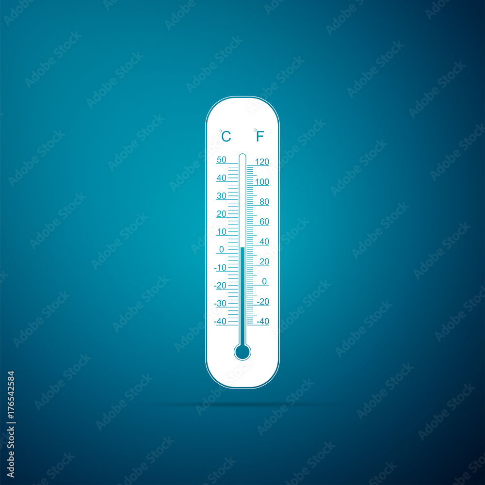 Celsius and fahrenheit meteorology thermometers measuring heat and cold icon isolated on blue background. Thermometer equipment showing hot or cold weather. Flat design. Vector Illustration Celsius and fahrenheit meteorology thermometers measuring heat and cold icon isolated on blue background. Thermometer equipment showing hot or cold weather. Flat design. Vector Illustration