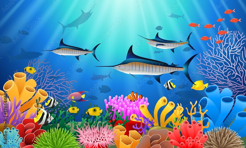 Obraz premium Blue Marlin Fish Swimming Under Water Cartoon Animal Character. Vector Illustration.