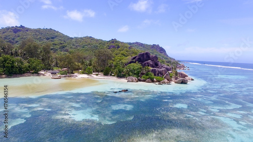 Anse Source D'Argent in La Digue Island - Seychelles aerial view