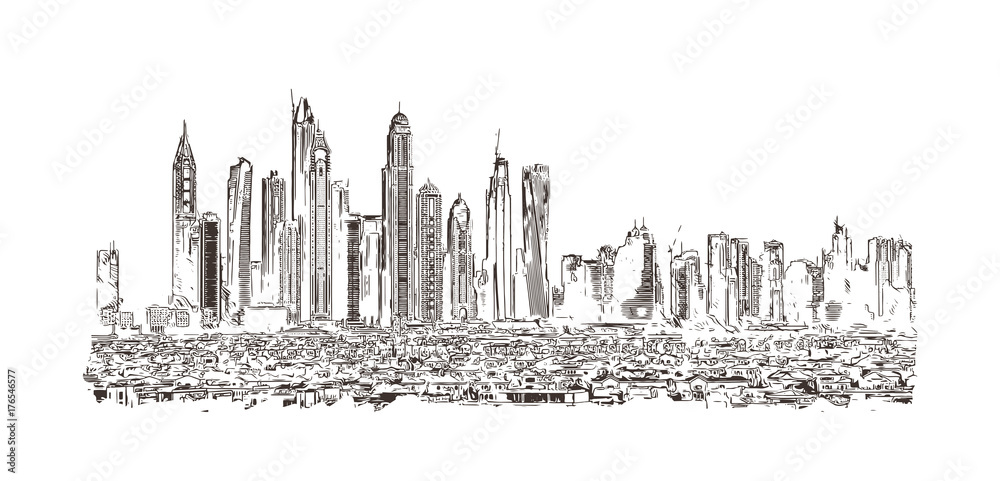 Dubai HandDrawn Urban Vector Sign Black Line Art Illustration with Ribbon  and Title Stock Vector Image  Art  Alamy