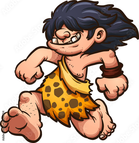 Running cartoon caveman with long hair. Vector clip art illustration with simple gradients. All in a single layer. 