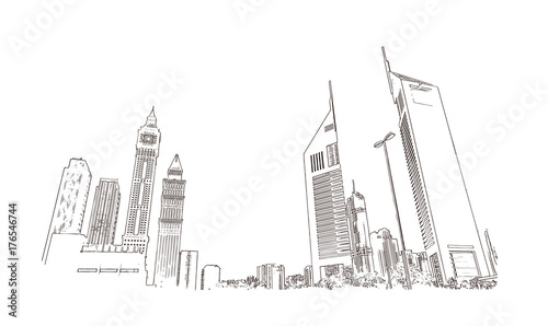 Sketch of Emirates Tower Dubai UAE in vector illustration.