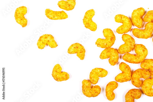 Salty snack with peanuts isolated on white background, top view