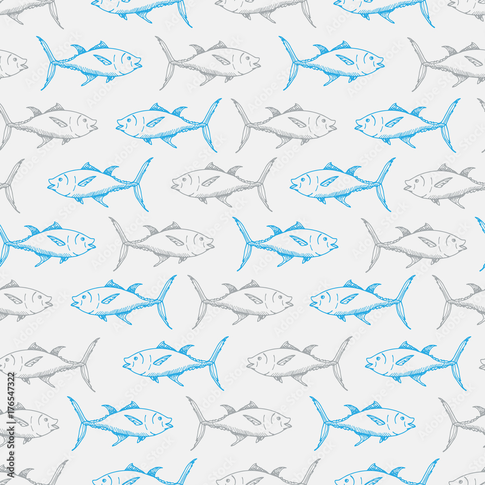 Fishes seamless pattern. Fishes swimming in different directions. Fishes hand drawn sketch.