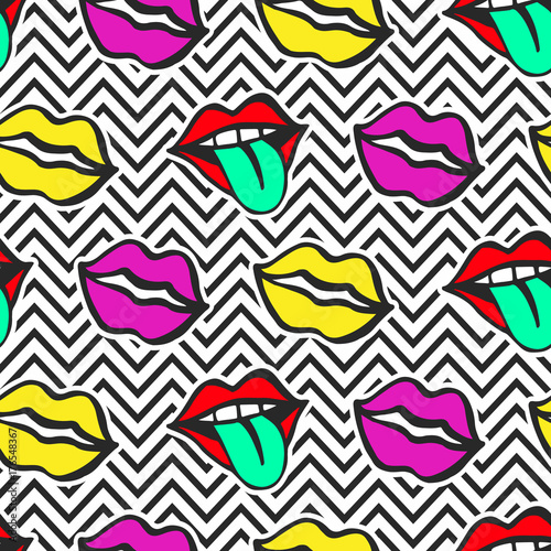 Fashionable colorful lips. Seamless pattern on zig zag background