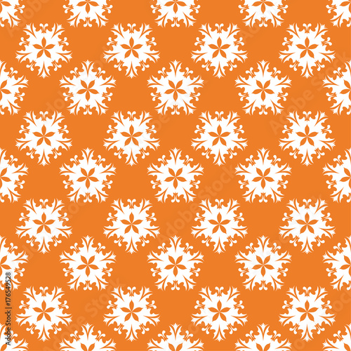White floral ornament on orange. Seamless pattern © Liudmyla