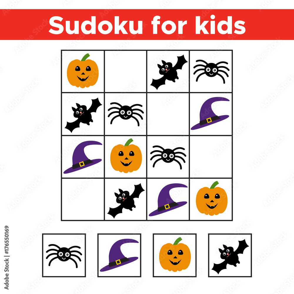 Halloween Sudoku game with funny picture for preschool kids. Logic and educational game. Vector illustration.