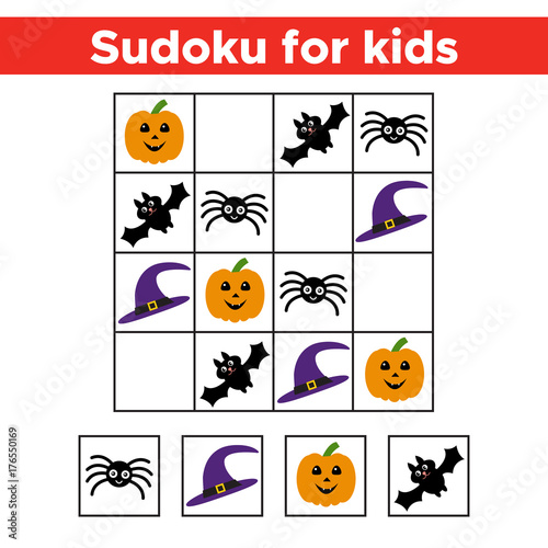 Halloween Sudoku game with funny picture for preschool kids. Logic and  educational game. Vector illustration. Stock Vector | Adobe Stock