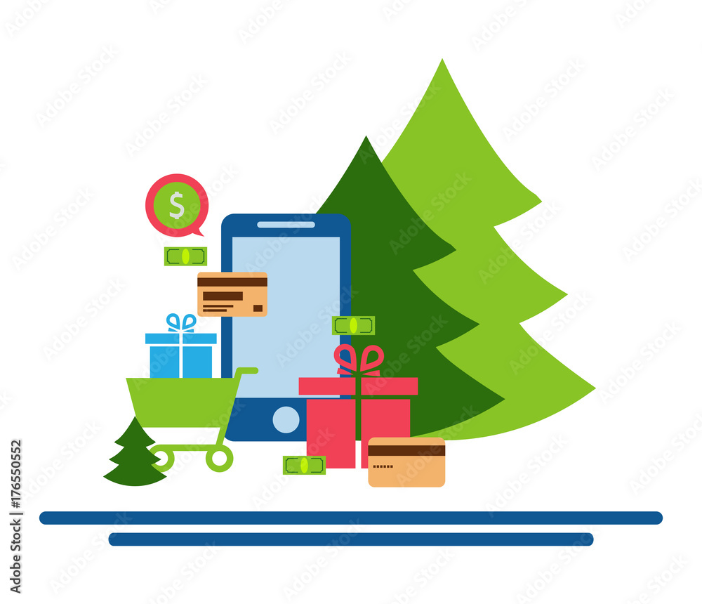 Smartphone, cards, money, shopping, baskets, gifts: the concept of modern shopping. Vector illustration. Eps 10. Festive shopping online. Christmas shopping.