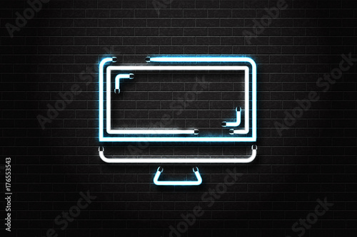 Vector realistic isolated neon sign of computer for decoration and covering on the wall background. Concept of electronics market and computer shop.