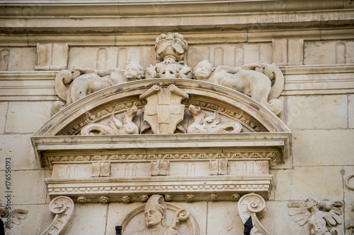 Details of stone sculptures of the facade of the University of Alcalá de Henares. Madrid, Spain.