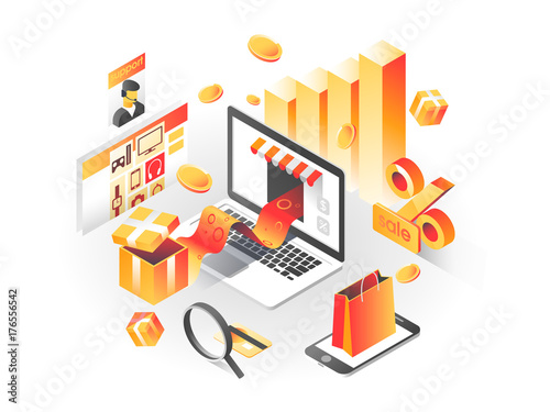 Online shopping isometric shadow illustration with mobile phone, laptop, stores orders isolated vector illustration