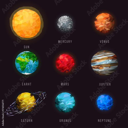 Vector planets of the solar system. Futuristic of polygonal planets illustration.