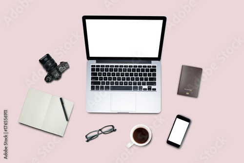 Top view  Flat lay style  Travel set  Working desk  computer  laptop  smart phone  coffee  mug  glasses  notebook and a lot of things on pastel color background with clipping path.