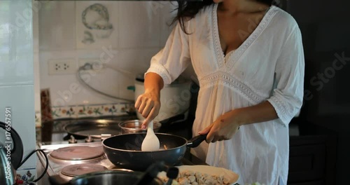 Girl Cooking Vegetables On Frying Pan, Young Woman Stir Preparing Meal In Modern Kitchen Slow Motion 60