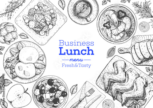 Business lunch top view frame. Food menu design. Vintage hand drawn sketch vector illustration. photo