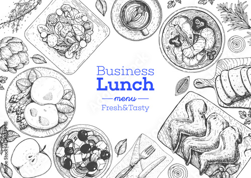 Business lunch top view frame. Food menu design. Vintage hand drawn sketch vector illustration.