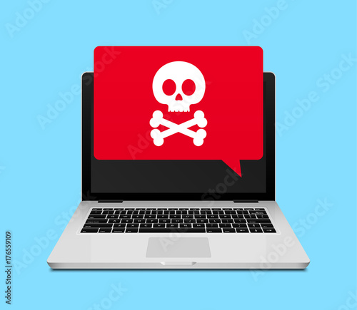 Computer laptop virus fraud or spam notification. Internet online virus alert icon