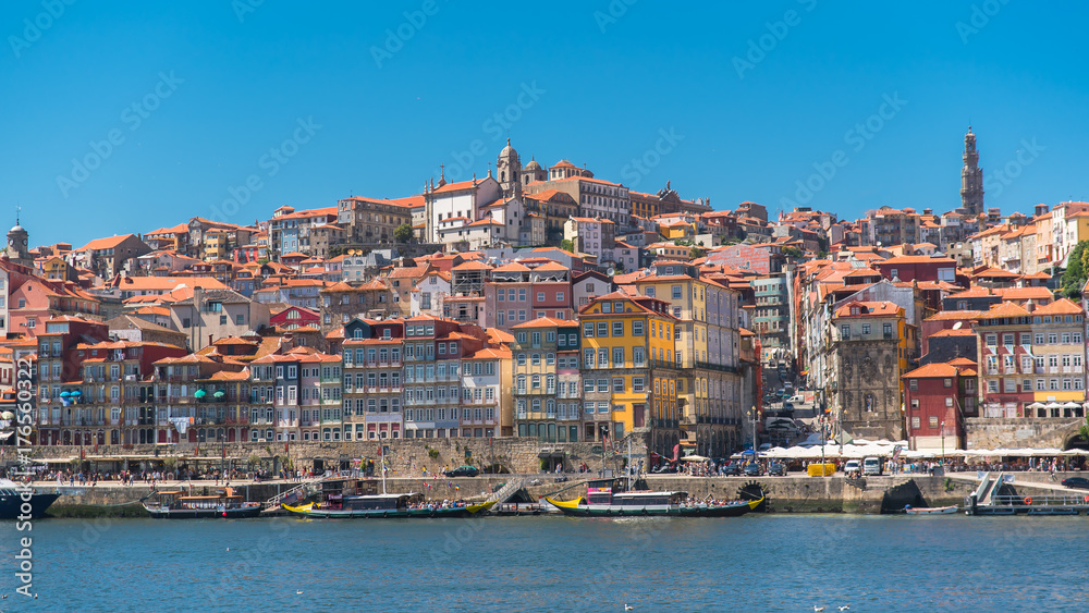 Porto in Portugal, typical houses on the river Douro, colored buildings 
