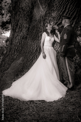 Bride and Military Groom in Black and White