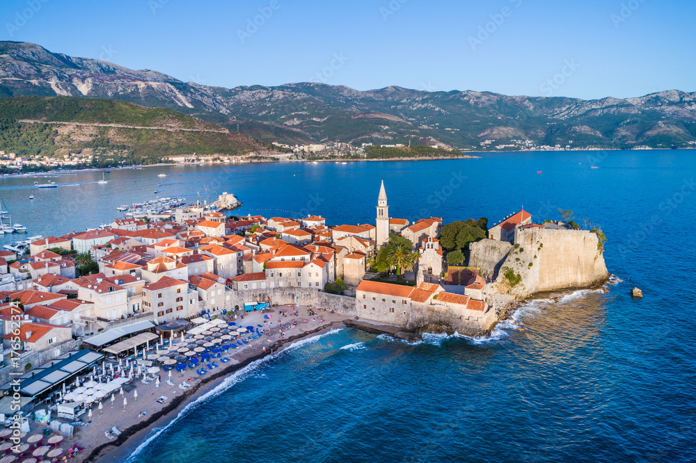 Old Town of Budva at sunset from a bird's eye view