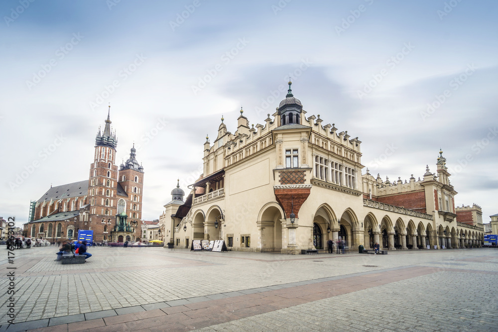 Cloth Hall and St. Mary's Basilica on Market Square in Krakow, Poland