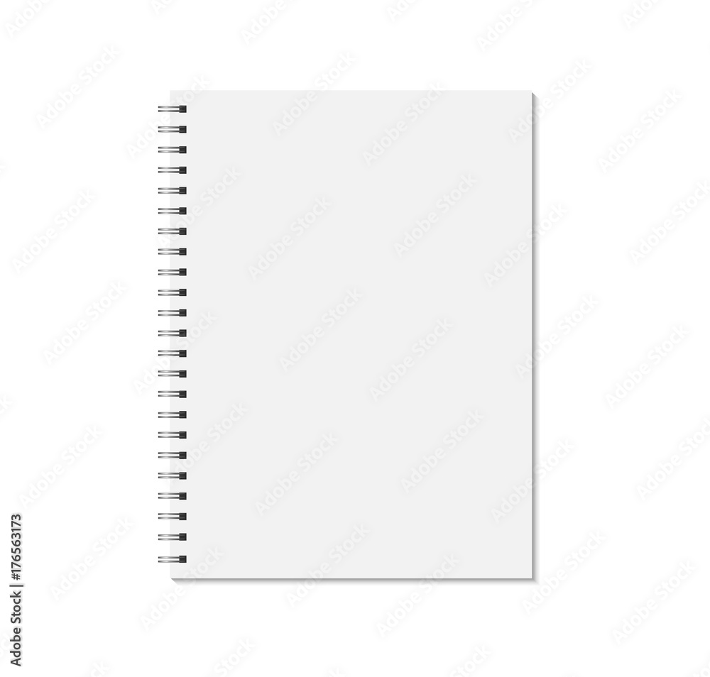 Notebook mock up isolated on white background. Blank pages, copybook with metal spiral template. Realistic closed notebook vector illustration. Notebook mock up isolated on white background. Blank pages, copybook with metal spiral template. Realistic closed notebook vector illustration.