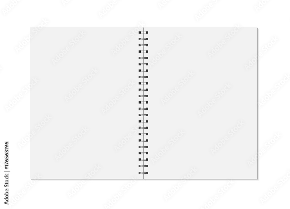 Notebook mock up isolated on white background. Blank pages, copybook with metal spiral template. Realistic opened notebook vector illustration. Notebook mock up isolated on white background. Blank pages, copybook with metal spiral template. Realistic opened notebook vector illustration.
