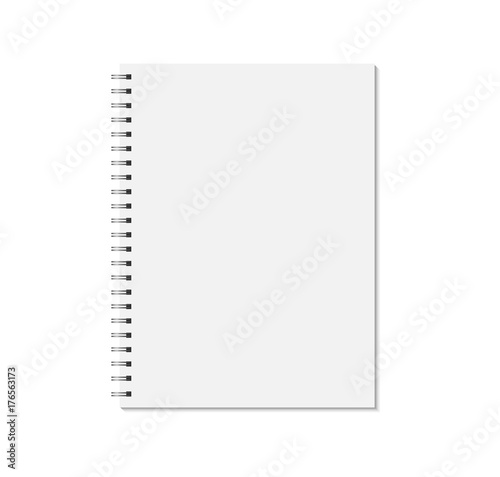 Notebook mock up isolated on white background. Blank pages, copybook with metal spiral template. Realistic closed notebook vector illustration.