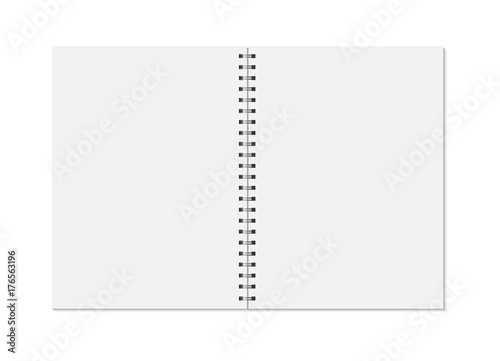 Notebook mock up isolated on white background. Blank pages, copybook with metal spiral template. Realistic opened notebook vector illustration. photo