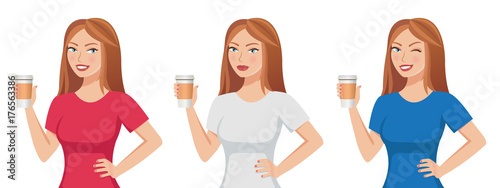 Fototapeta Naklejka Na Ścianę i Meble -  Pretty cute brown-haired girl holding a paper coffee cup template isolated on white background. Different emotions: serious, smiling, winking. Vector illustration