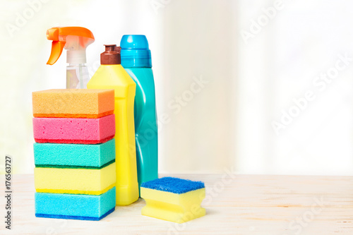 Sponges, detergents on the table